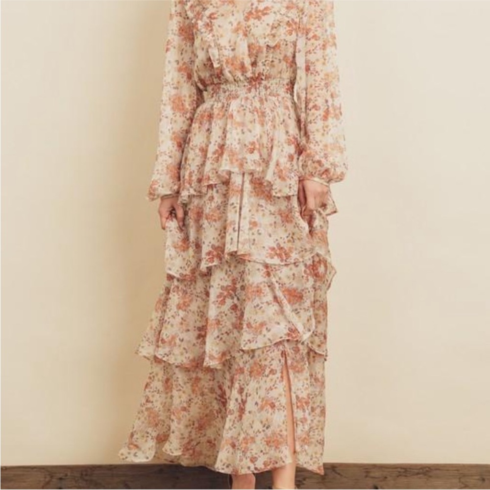 Dress Forum Cream Brown Floral Ruffle Tiered Maxi Dress Long Sleeve Medium
